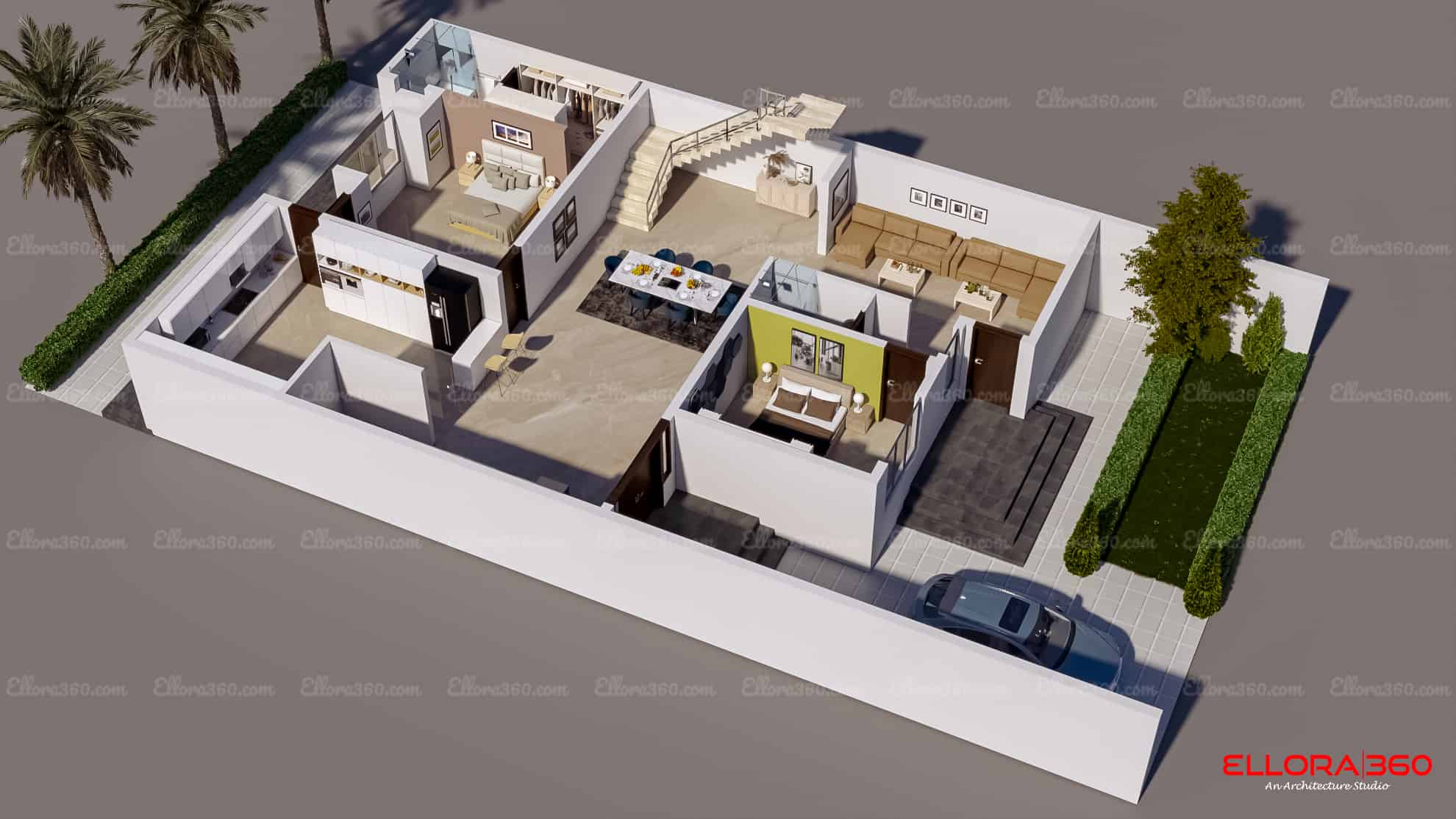 Spacious home 3d plan with parking in front.