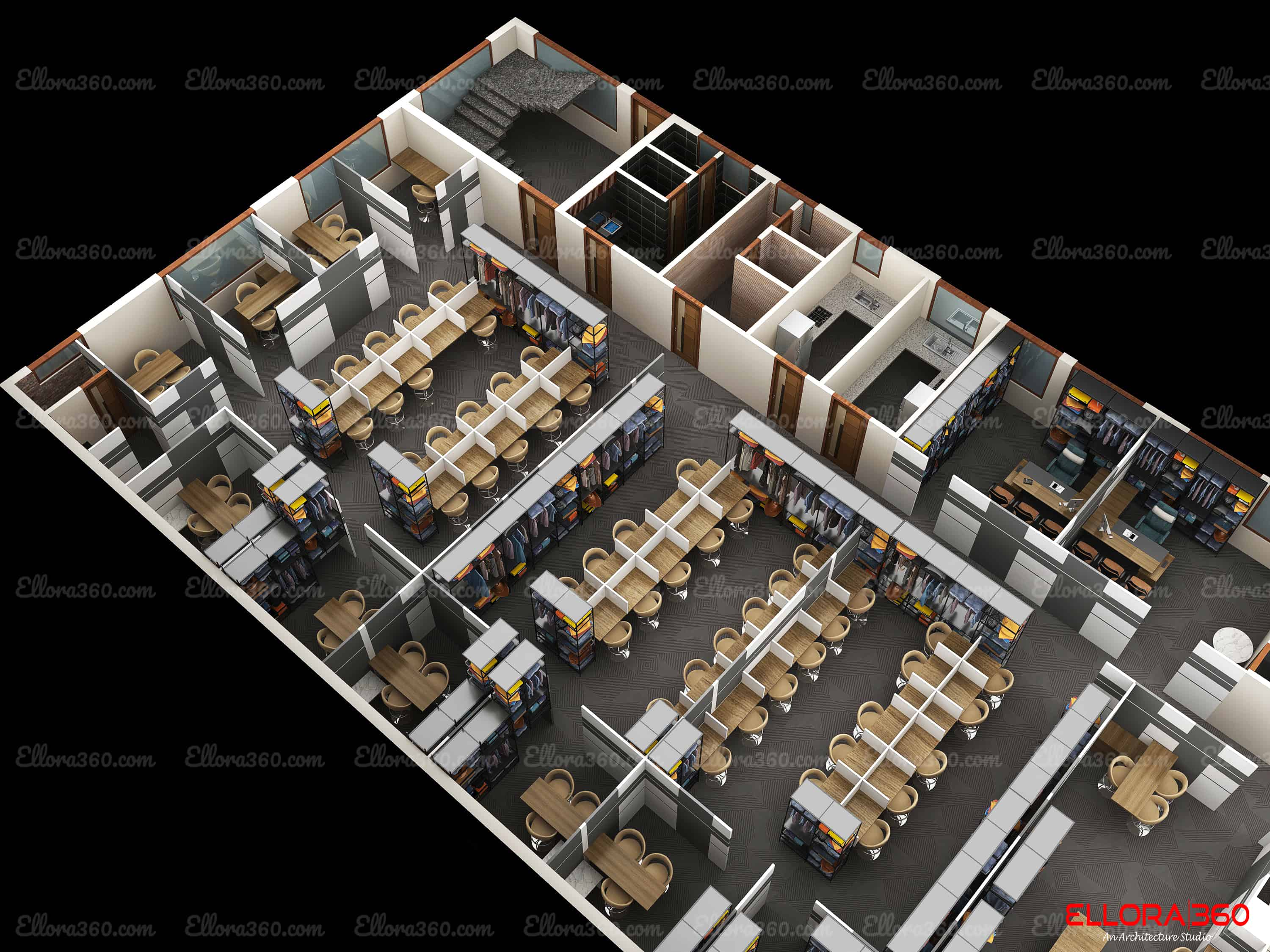 3d plan of commercial building with a lot of working space.