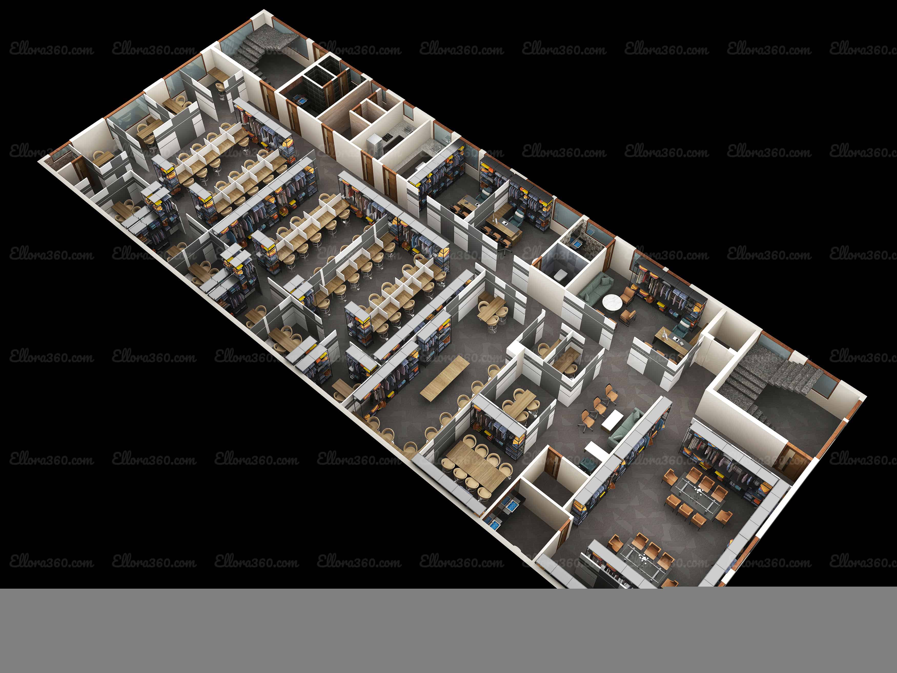 3d floor plan of commercial building with a lot of cabinwts and working space.