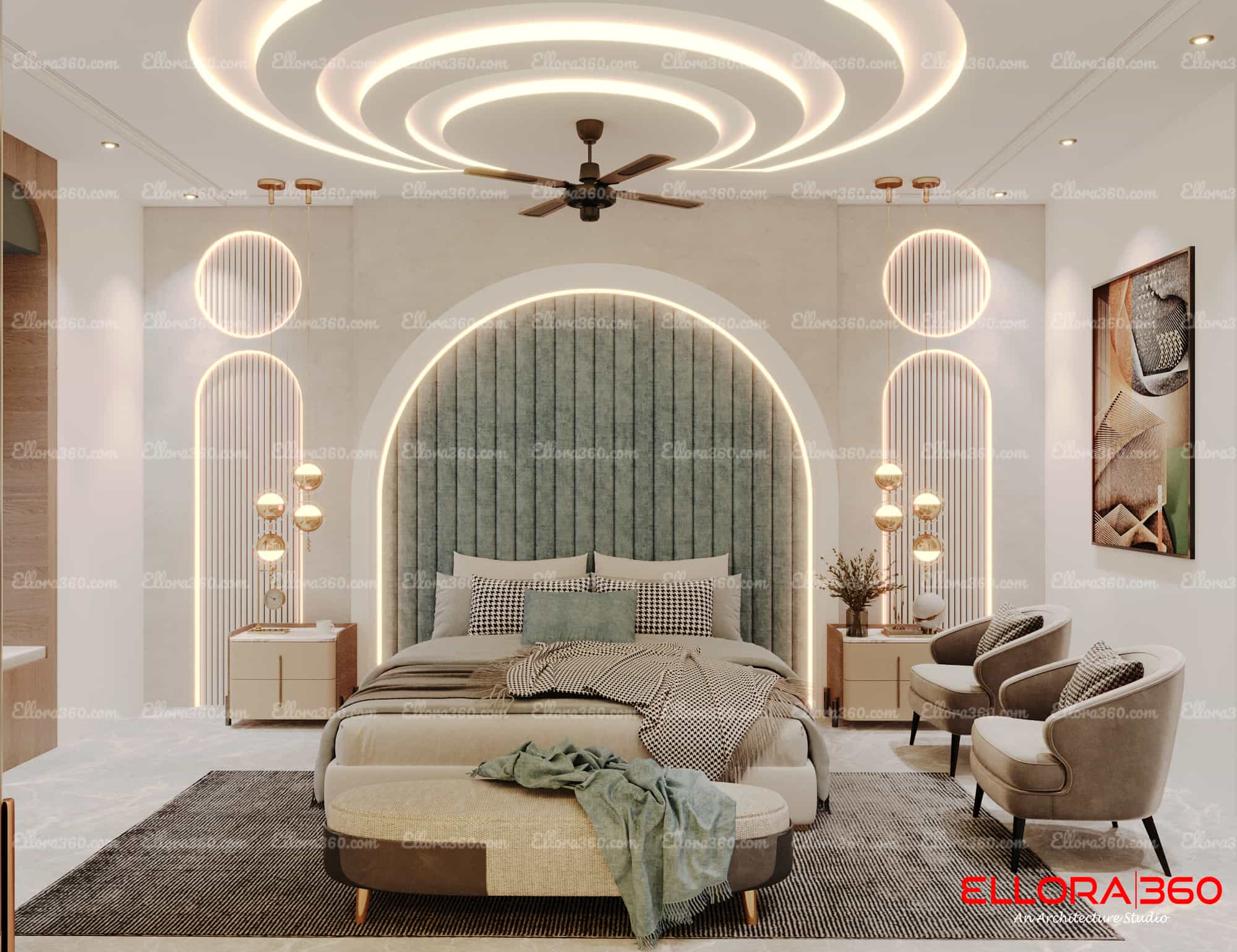 Modern bedroom interior with curved false ceiling, big arched bed-back and two chairs.