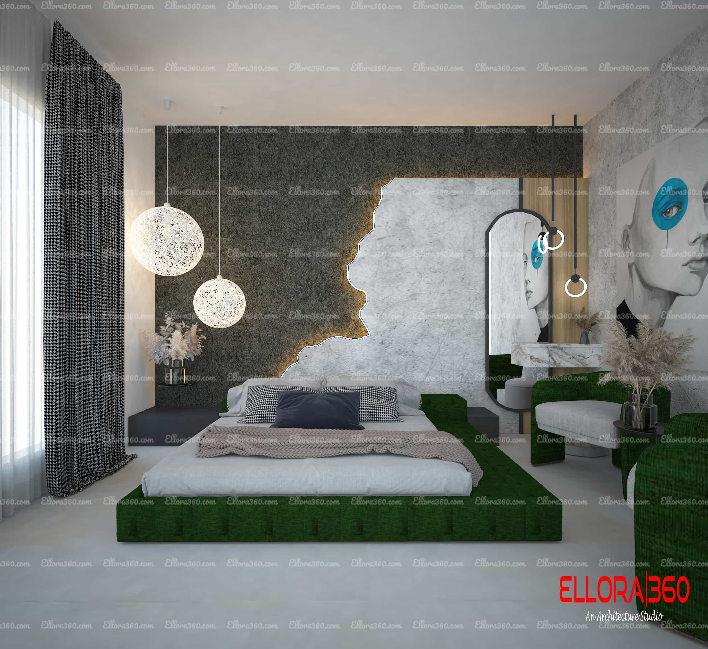 Modern bedroom interior in contrast theme with grey white walls and green bed and chairs and also with hanging lights.