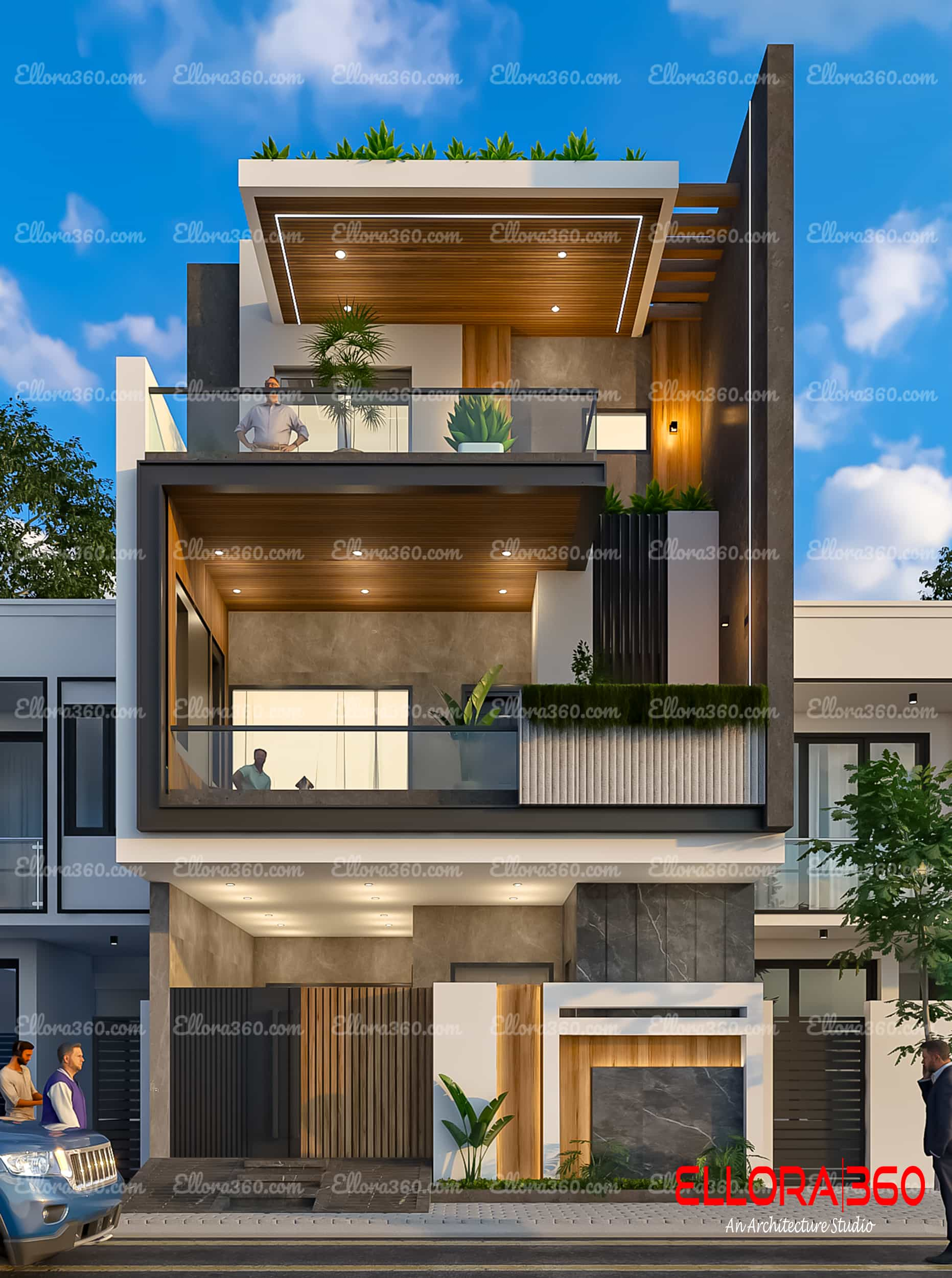 Modern exterior of house with pergola and wooden texture on ceiling.