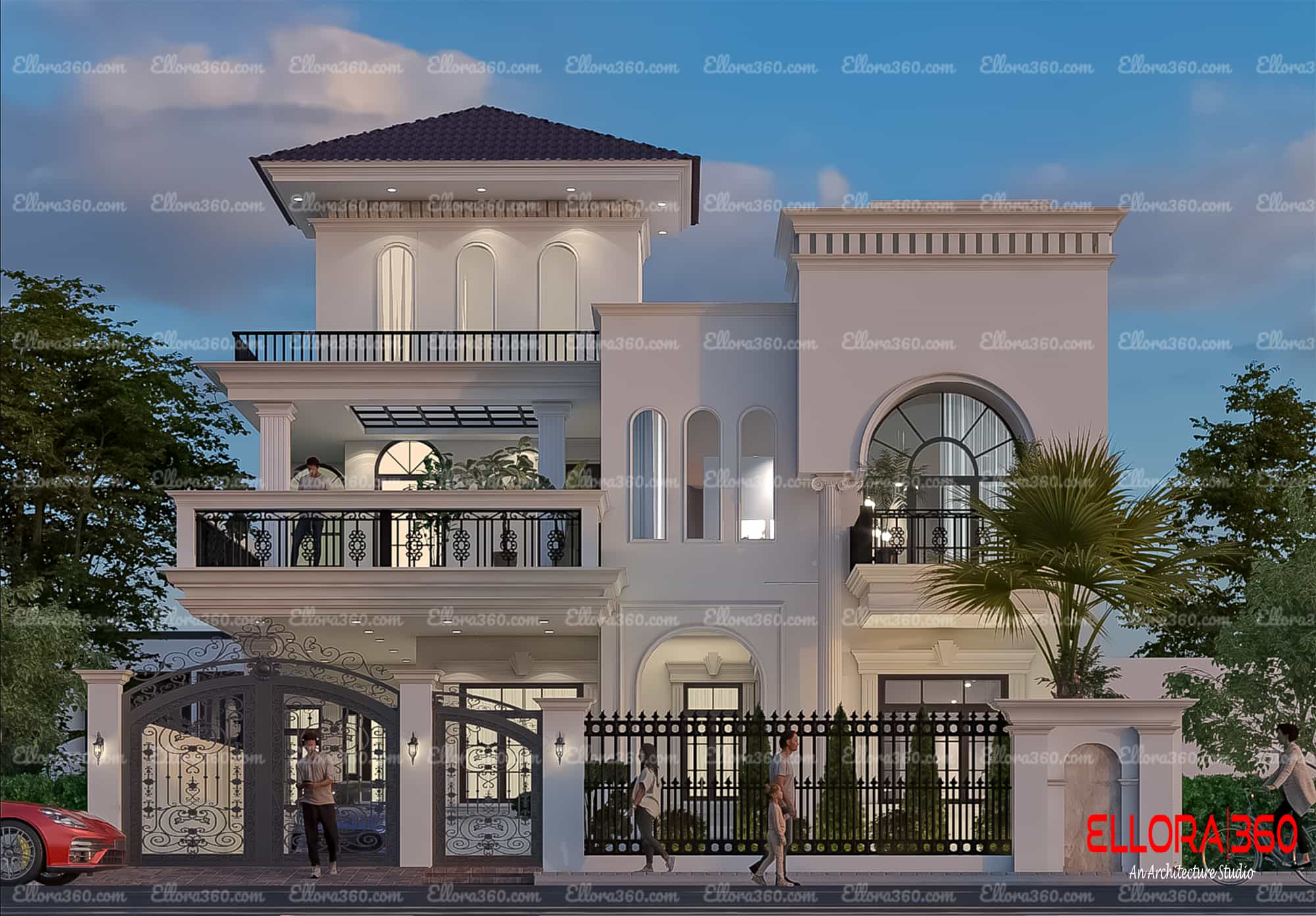 Classical house with big arched windows.