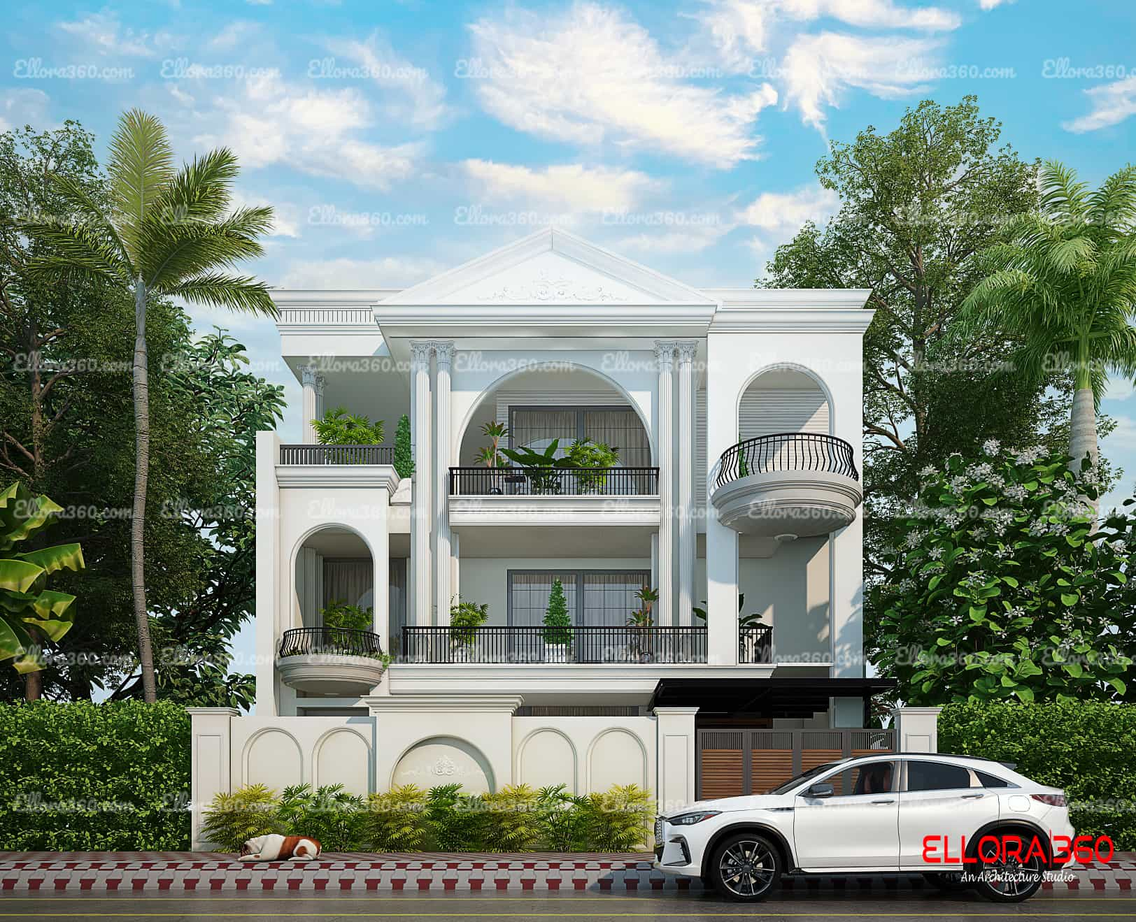 Small classical architecture house with beautiful circular balconies and arches.