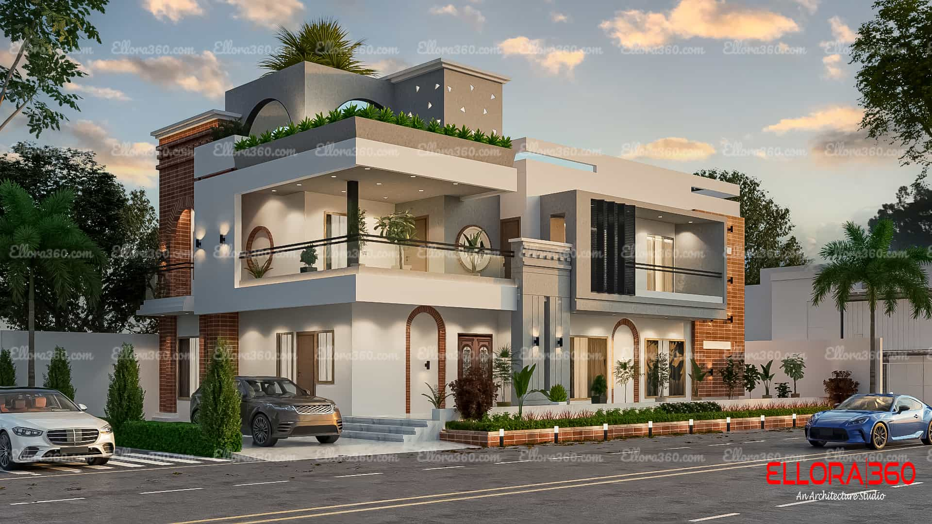 Exterior of modern villa house with classical elements.