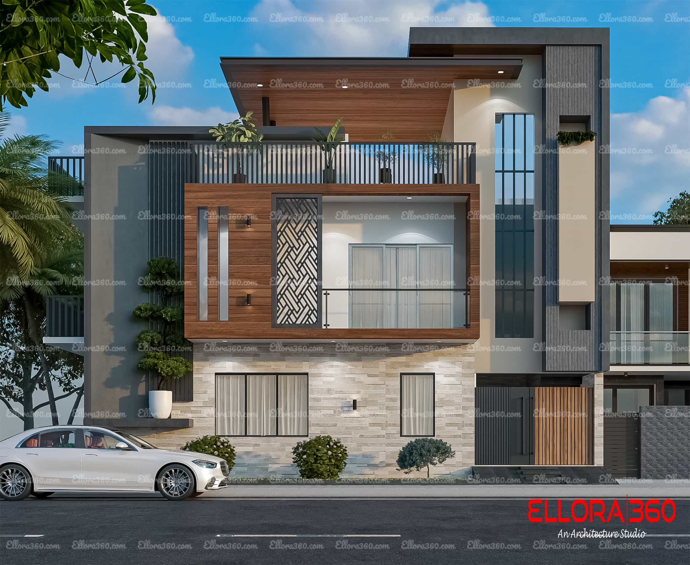 Modern home with planter on shelf outside home.