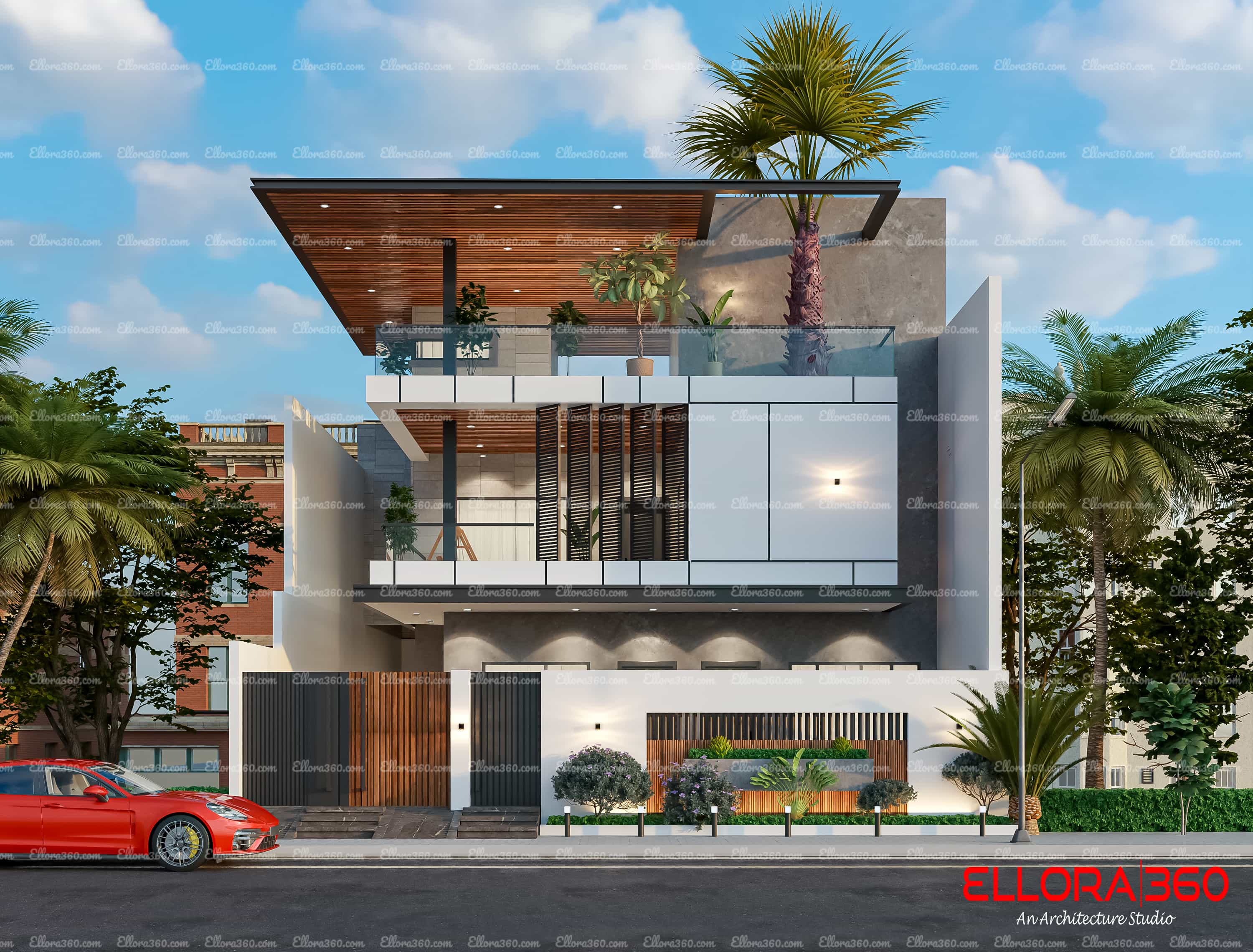 3d design of modern house with sit-out on first floor.