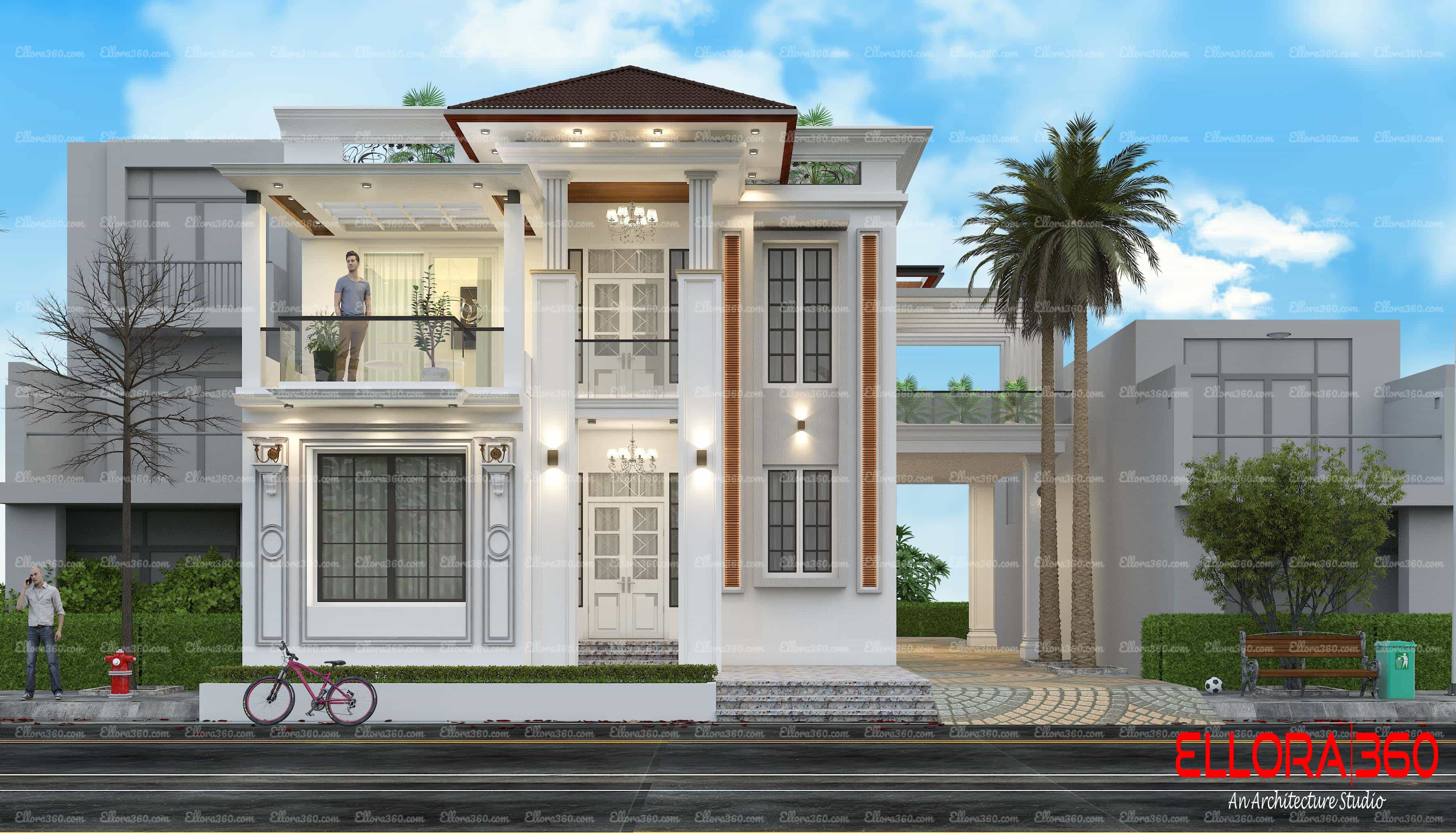 3d exterior design of a classical house with slopping roof and a beautiful porch.