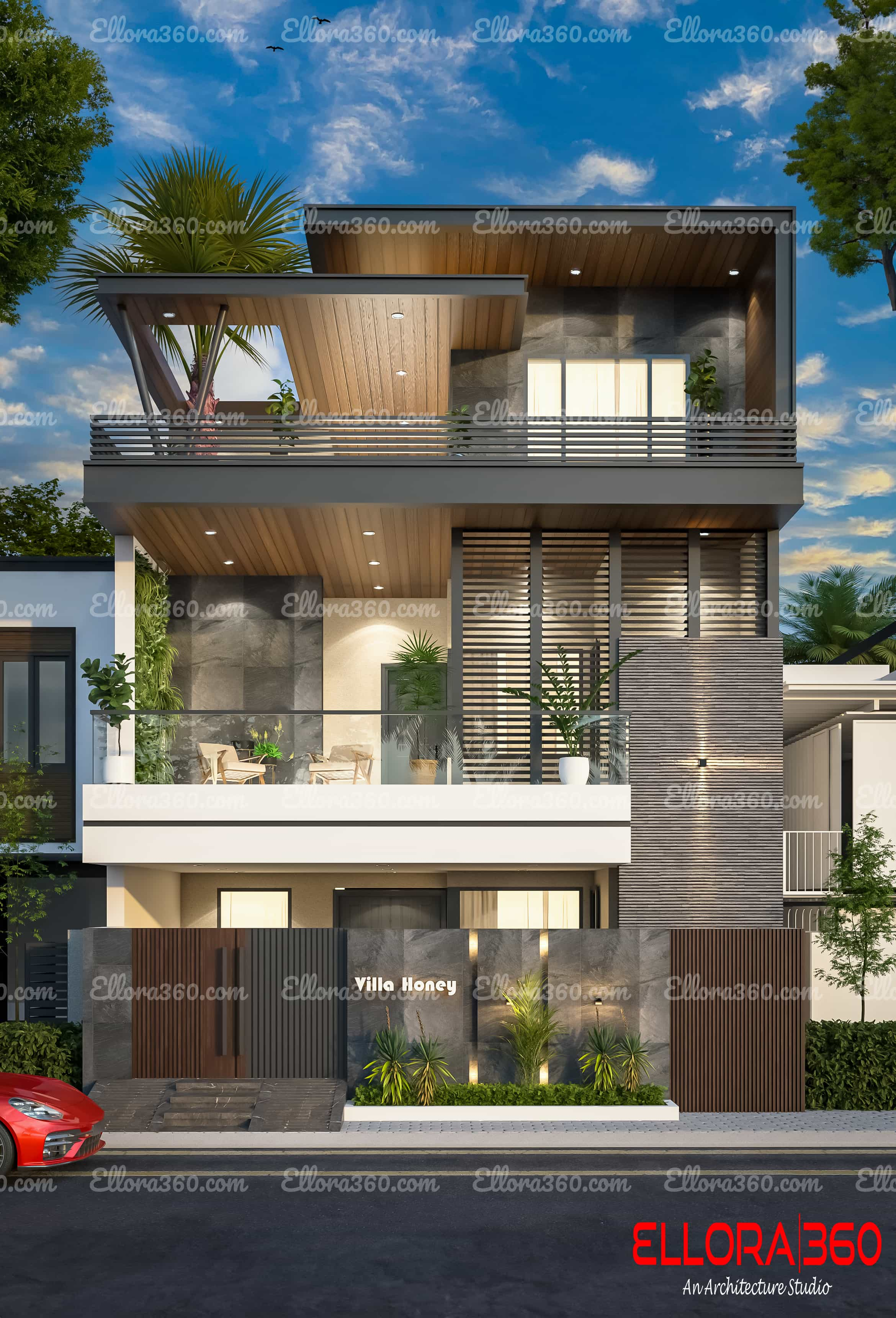 small modern architecture home with mild steel railings and roof cutout with big plant.