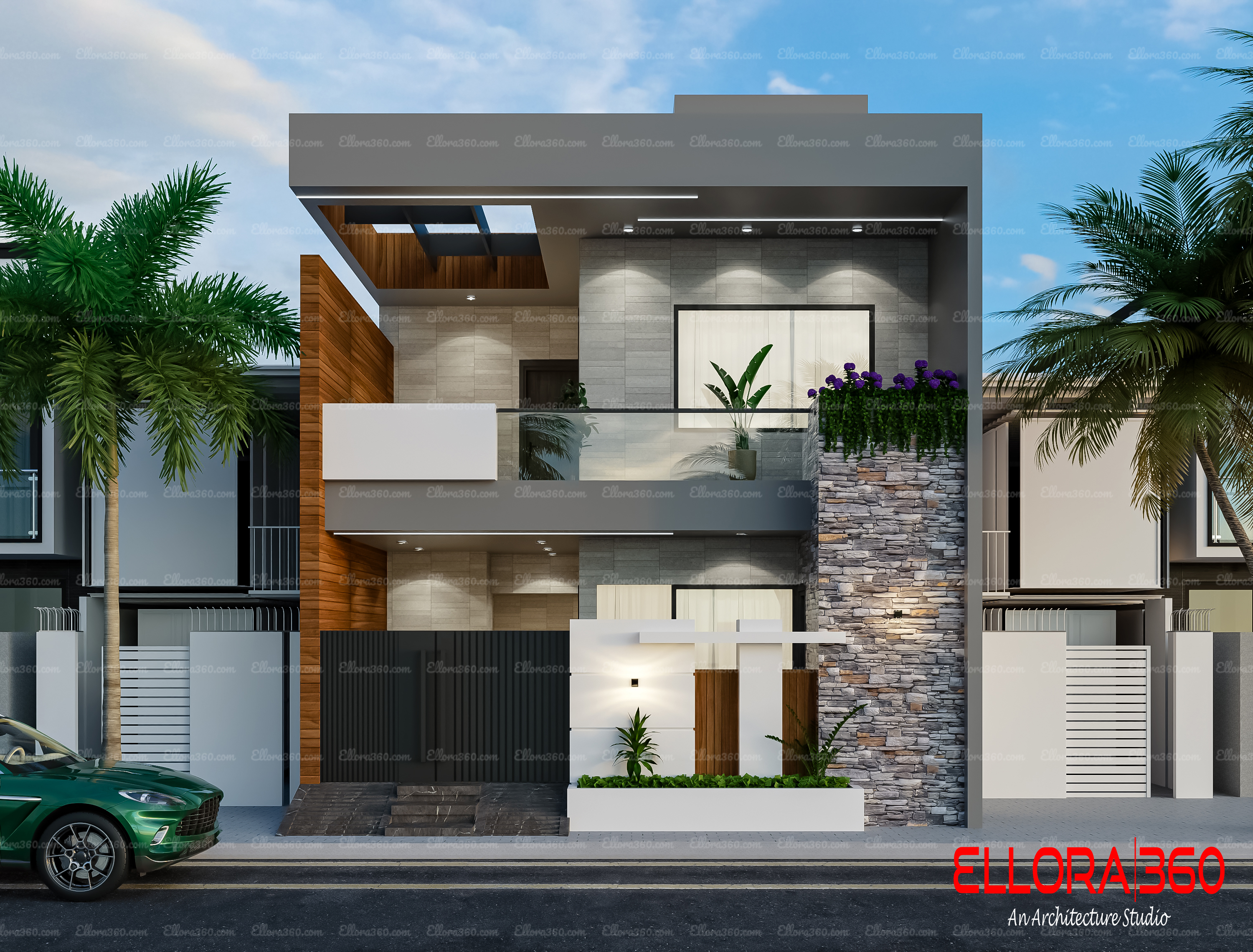 Small and simple modern house with small front.