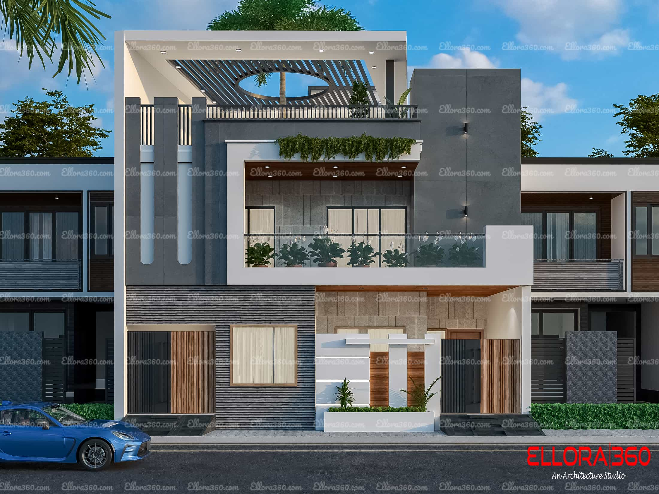 Elegant exterior of modern house with beautiful pergola and roof cutout for plant.