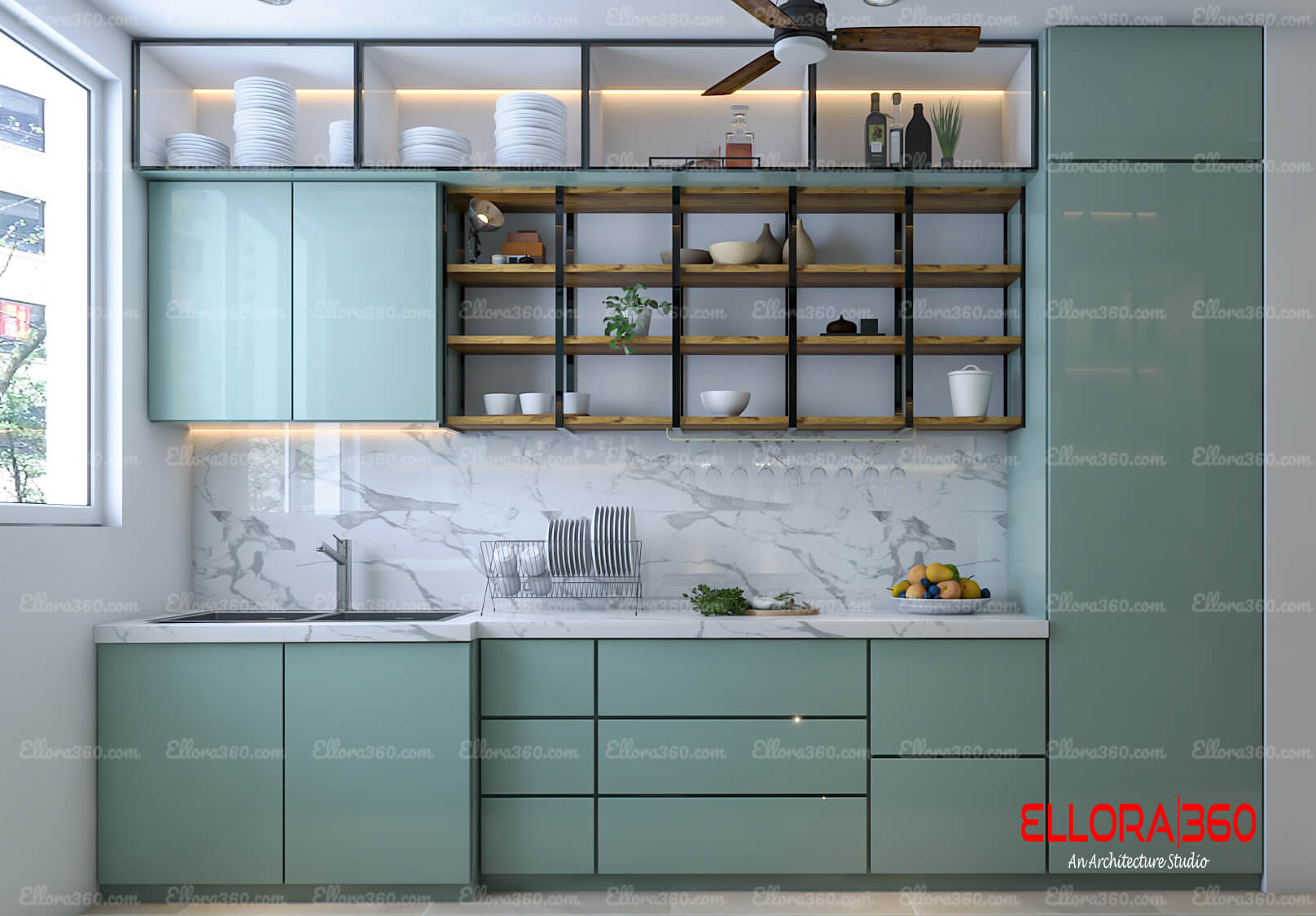 Modern kitchen with wooden shelves, crockery unit and cabinets.