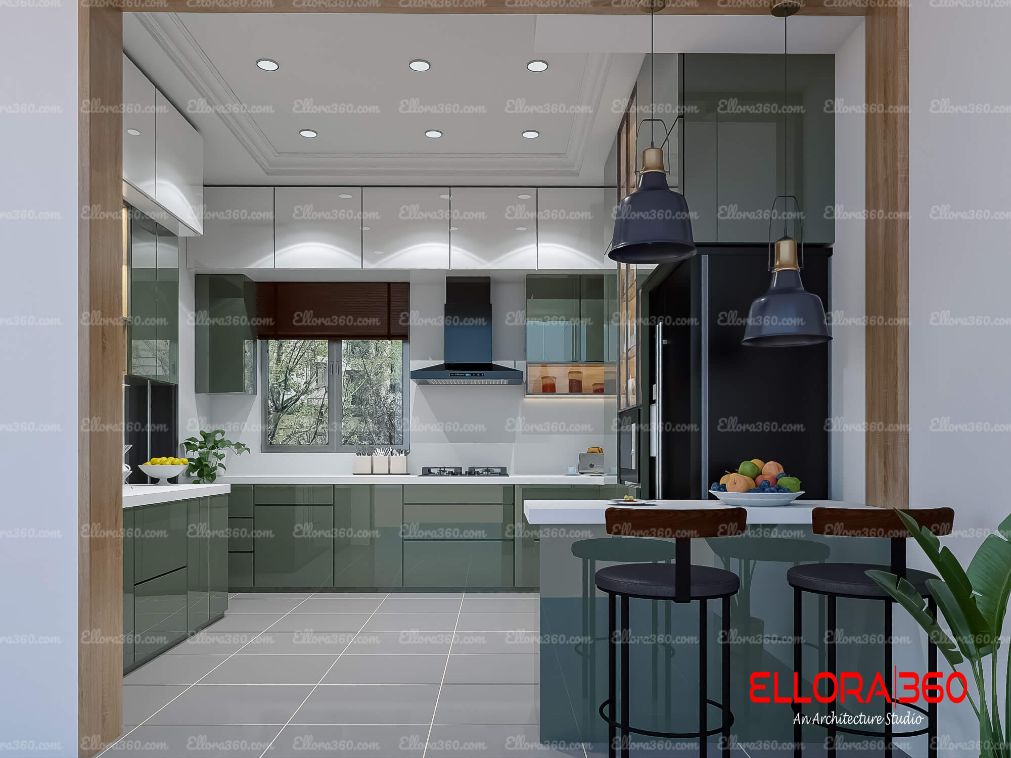 kitchen interior with hanging light on counter and cabinets.