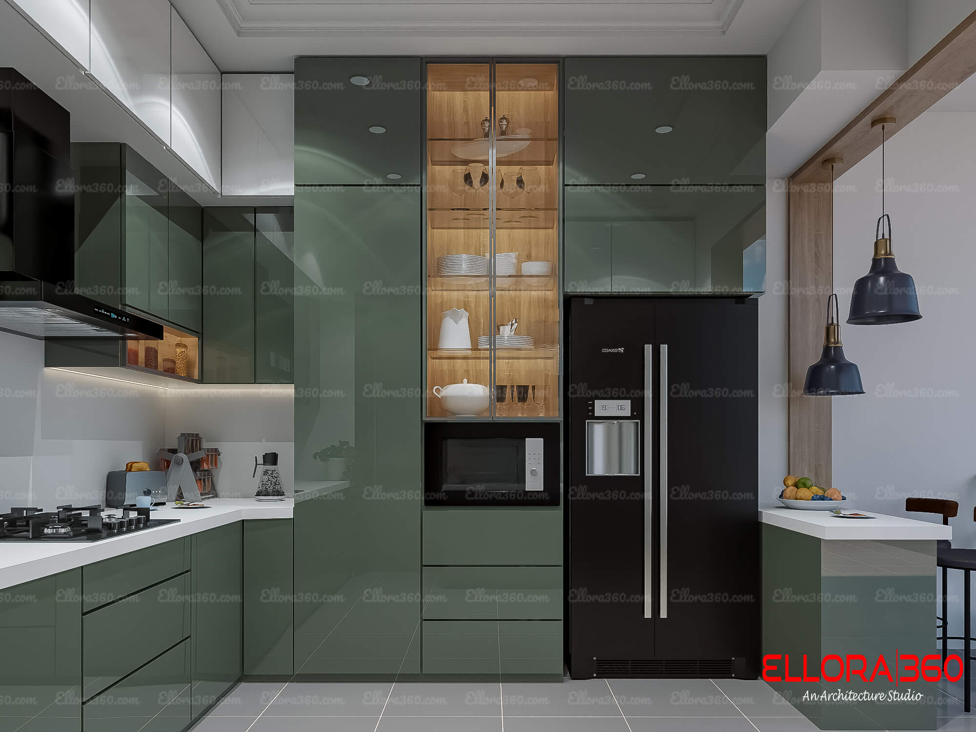 Modular kitchen interior with hanging light on the counter.