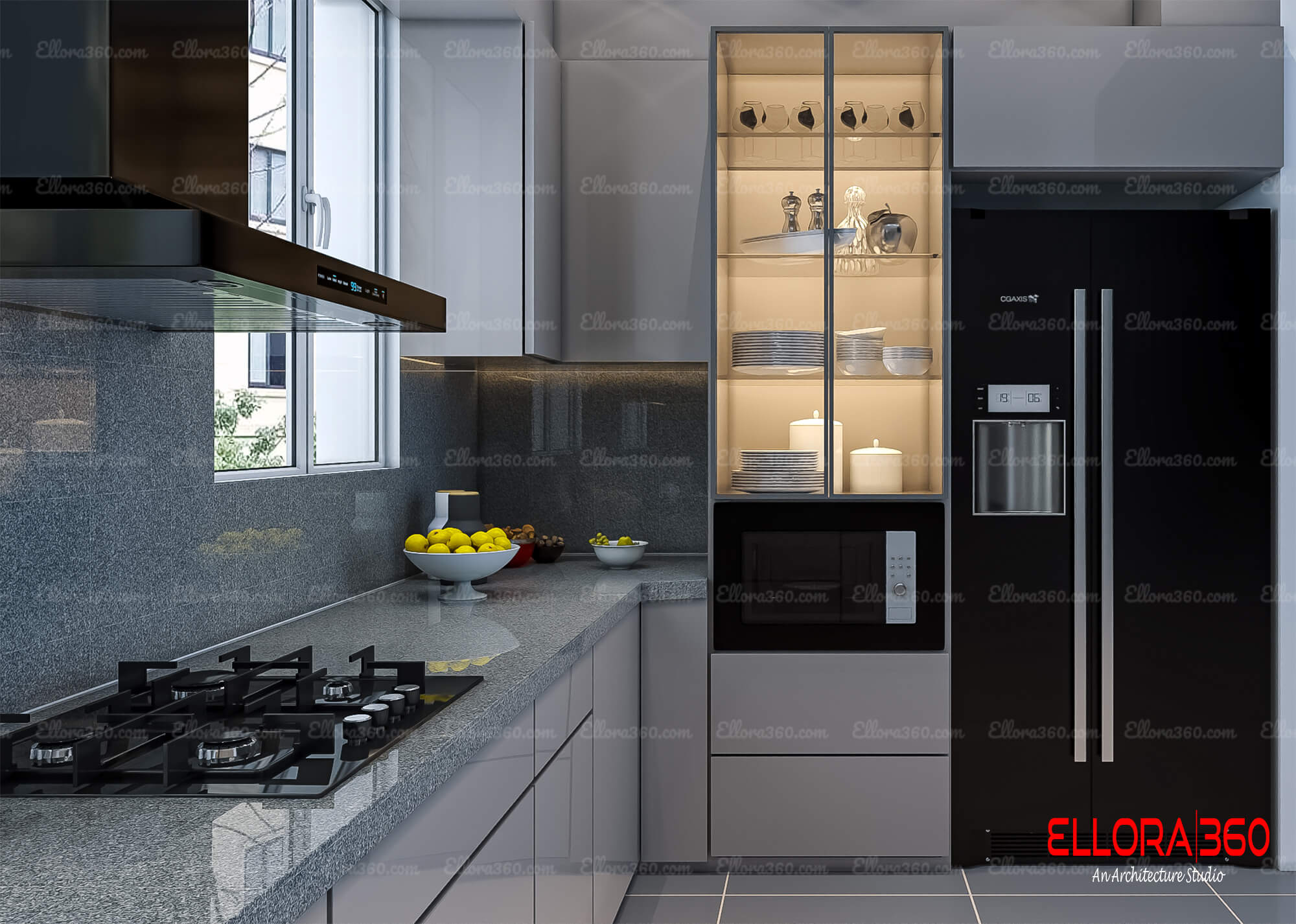 Modular kitchen with crockery unit and cabinets