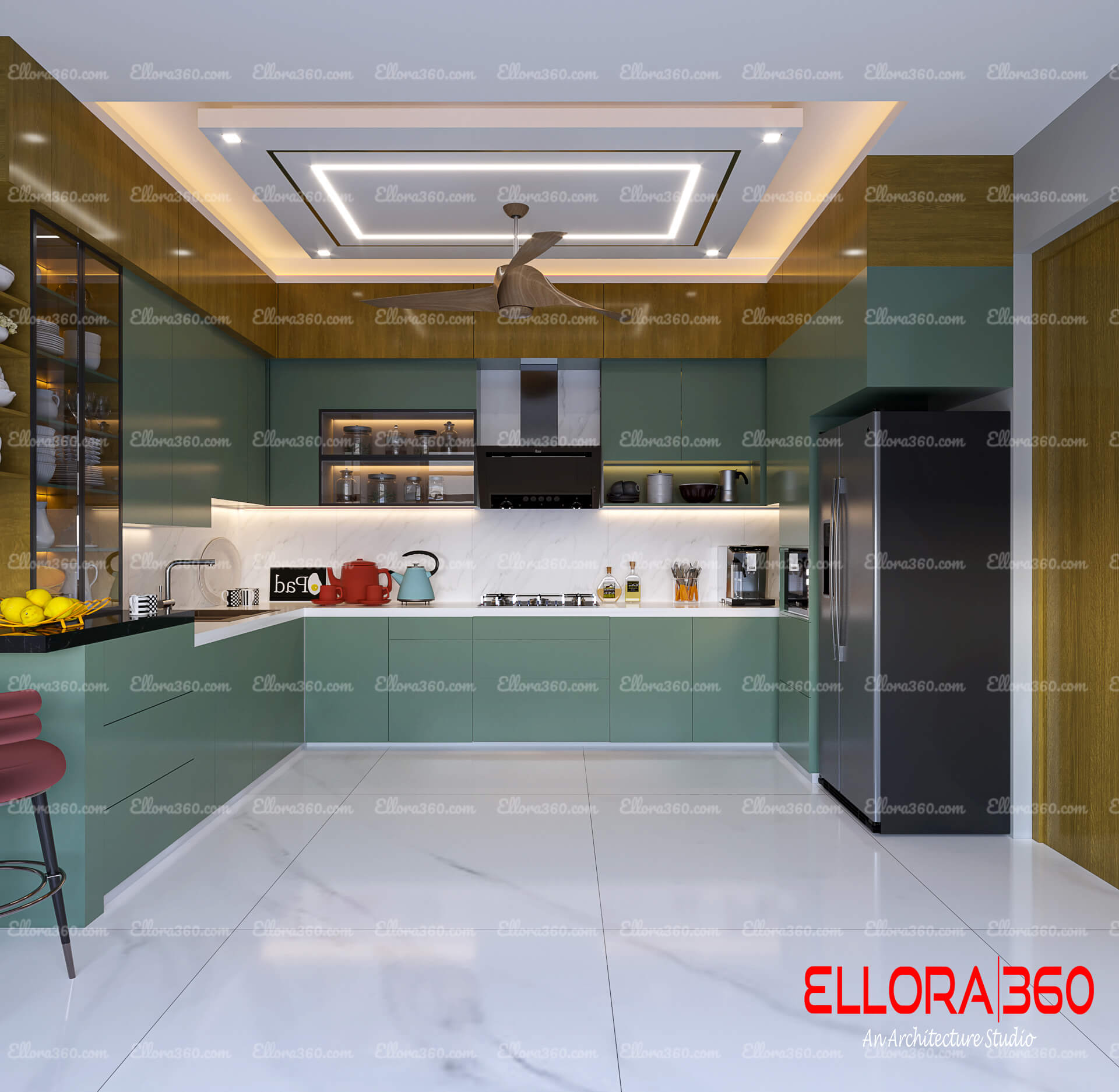 Kitchen interior with chimney and fridge.