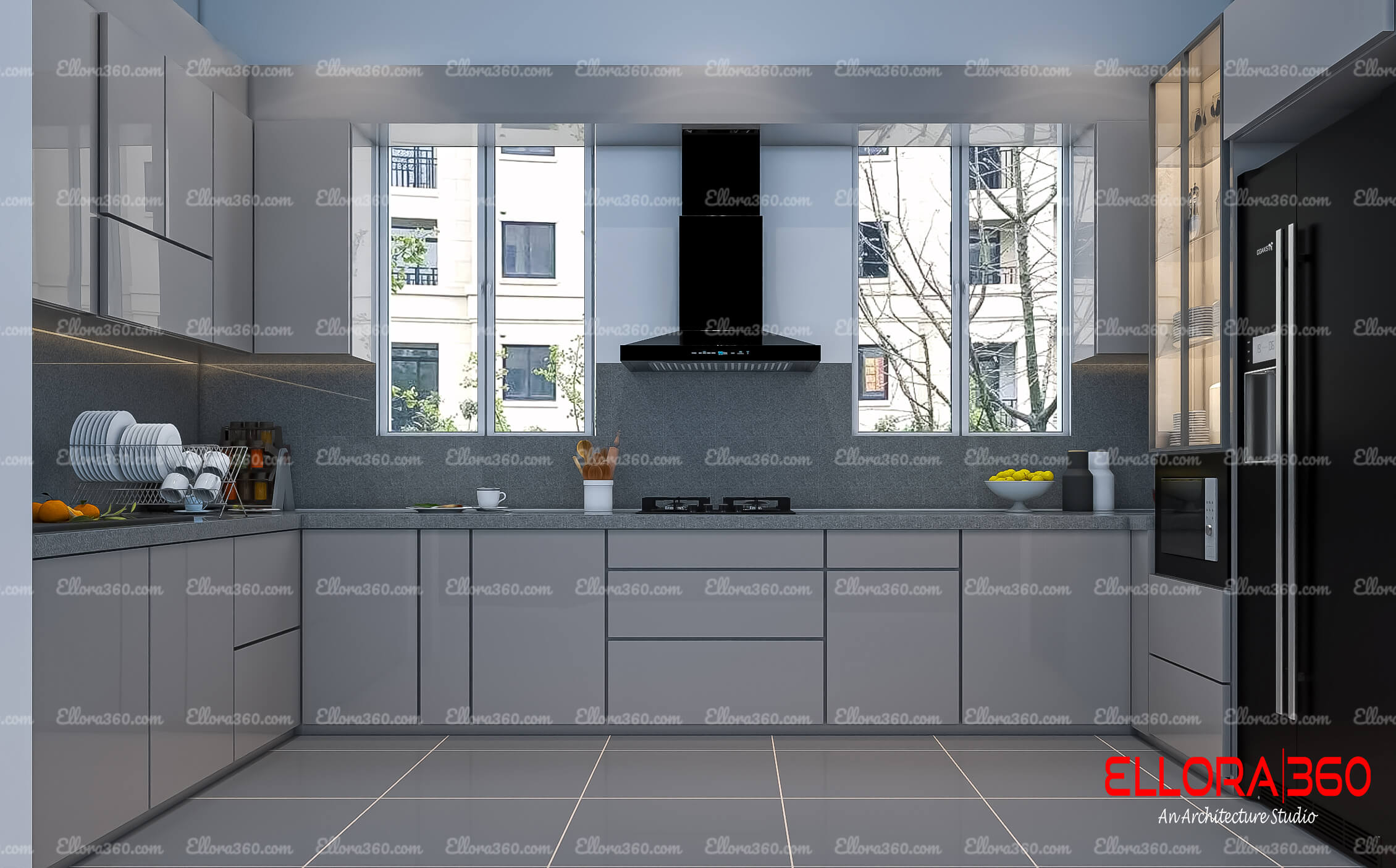 Big modular kitchen with crockery unit and cabinets and two big windows for natural lighting and air.