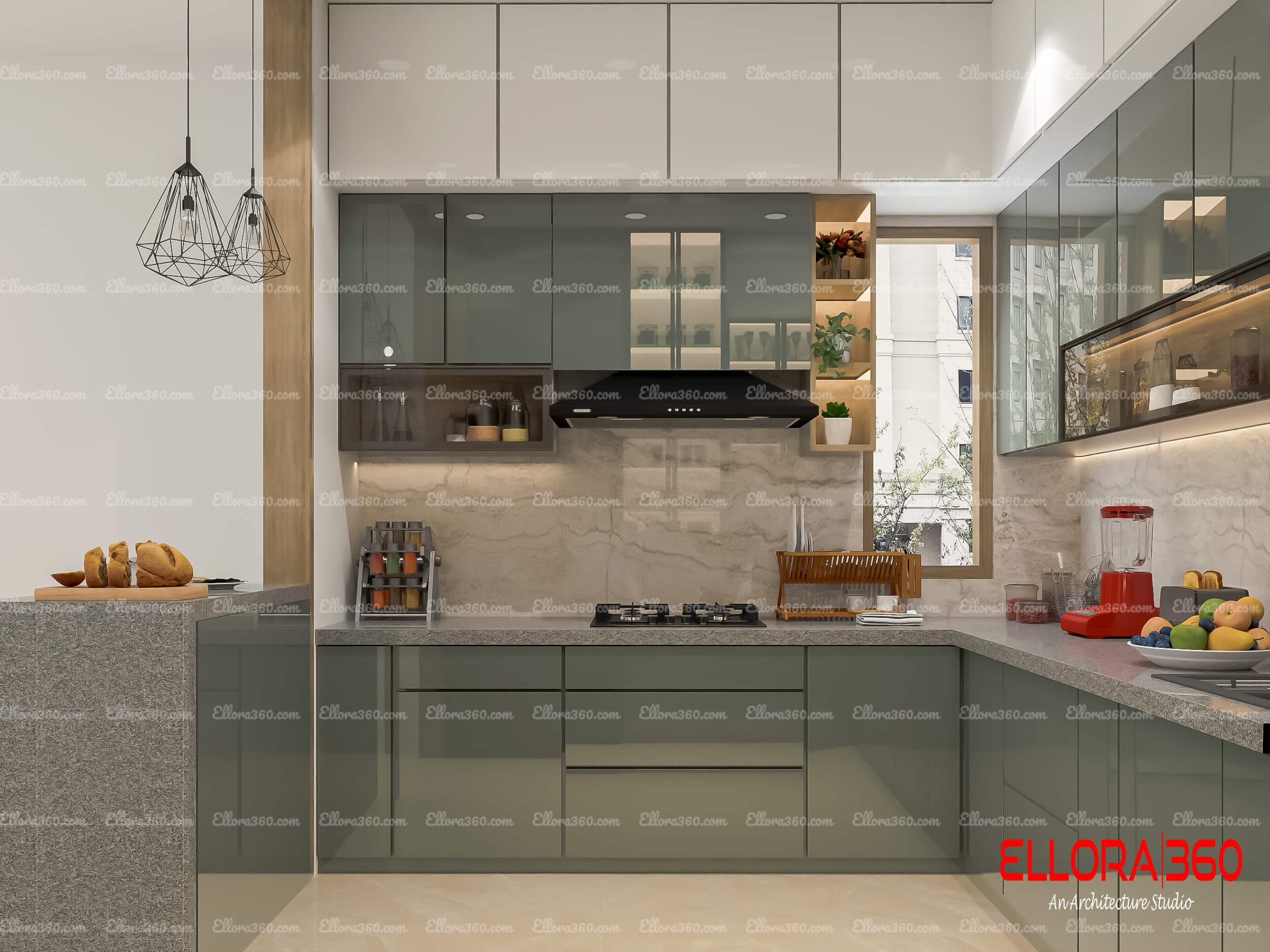 modern kitchen with a window and chimney.