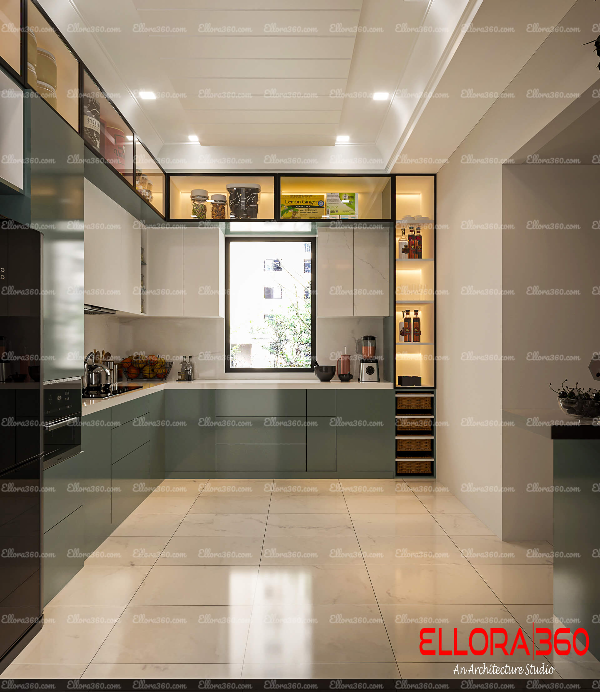 Modular kitchen interior with beautiful shelves.