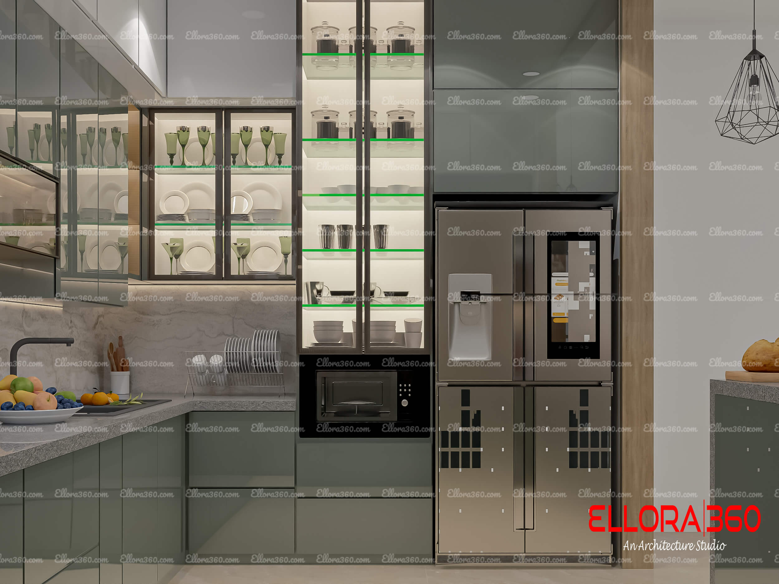 Kitchen interior with big glass cabinets and refrigerator.