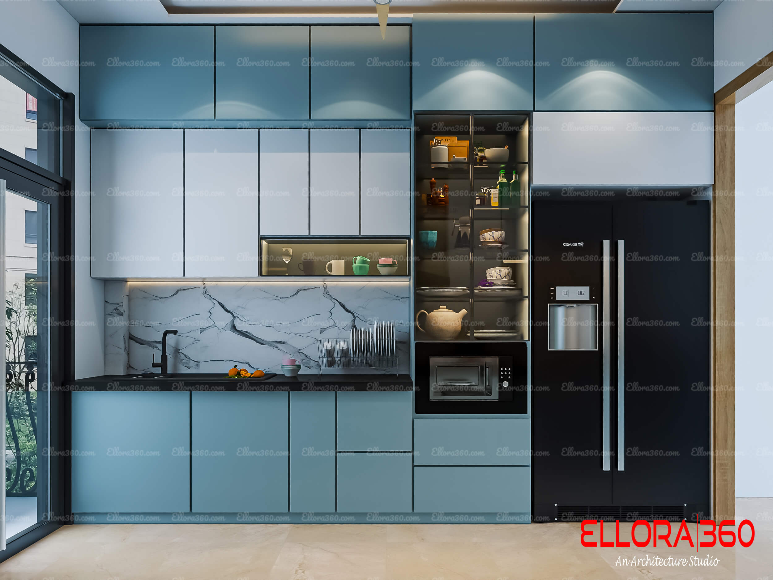 design of modular kitchen with glass crockery unit and cabinets.