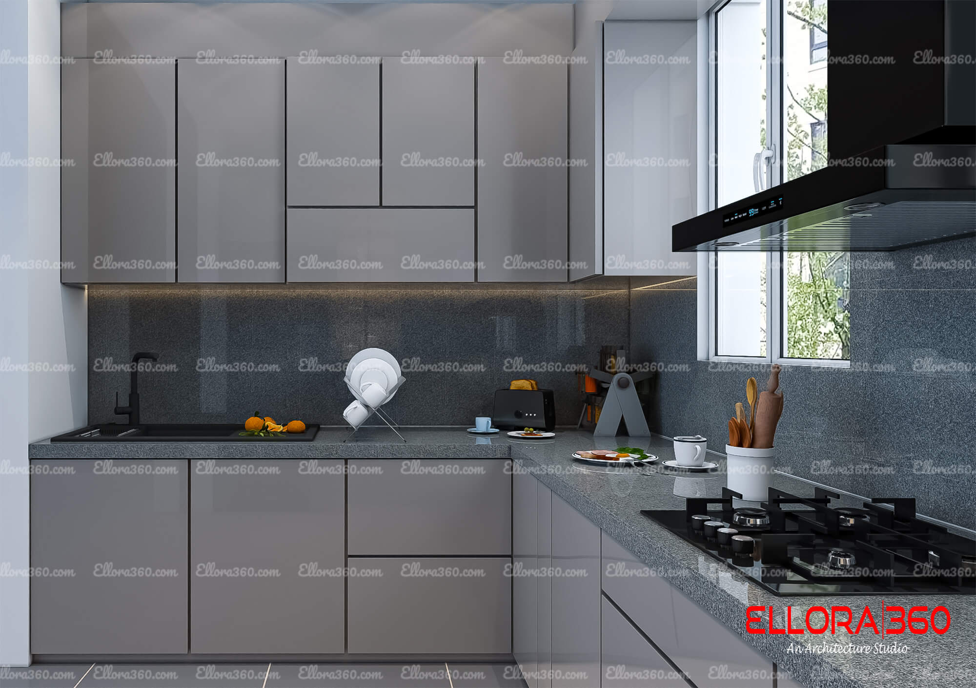 Modern kitchen with cabinets and one window for natural lighting and fresh air