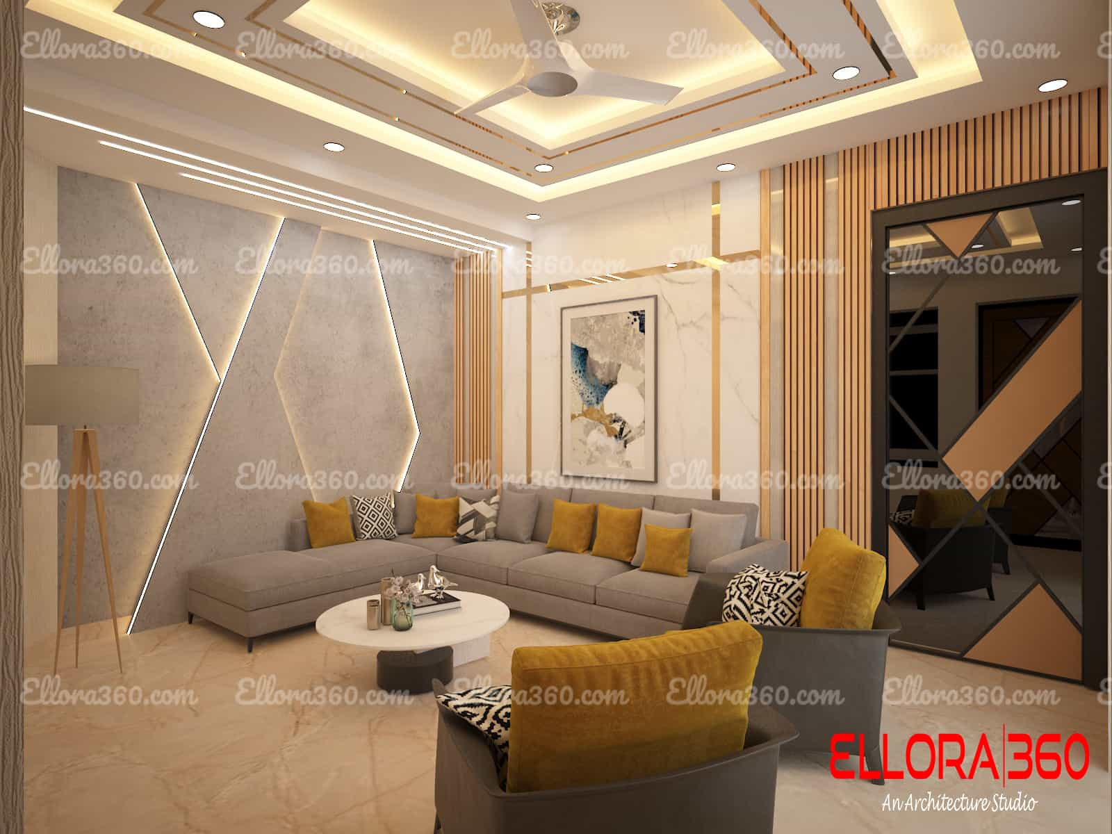 Modern interior of living room with sofa, door and false ceiling