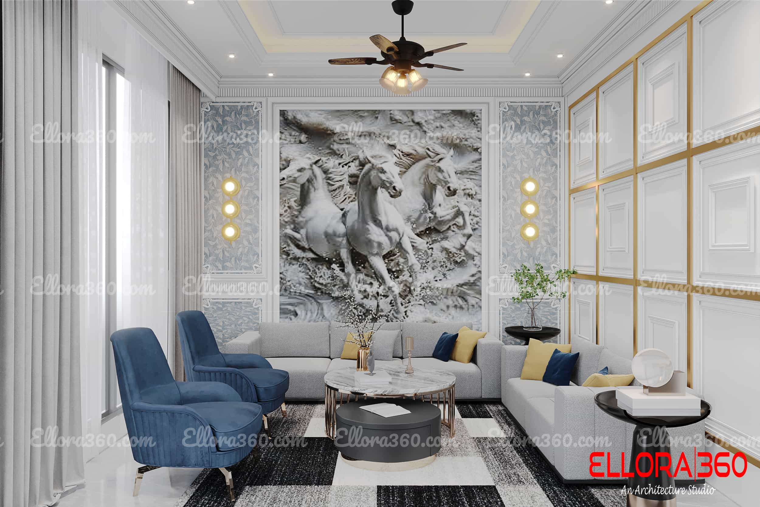 Grey theme modern room with horse painting and blue colored sofa.