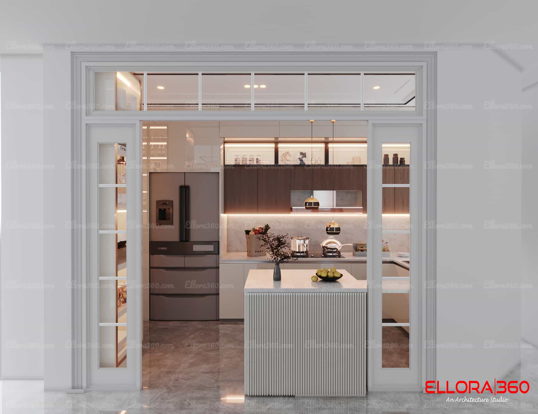 View of a beutful modern kitchen from lobby.